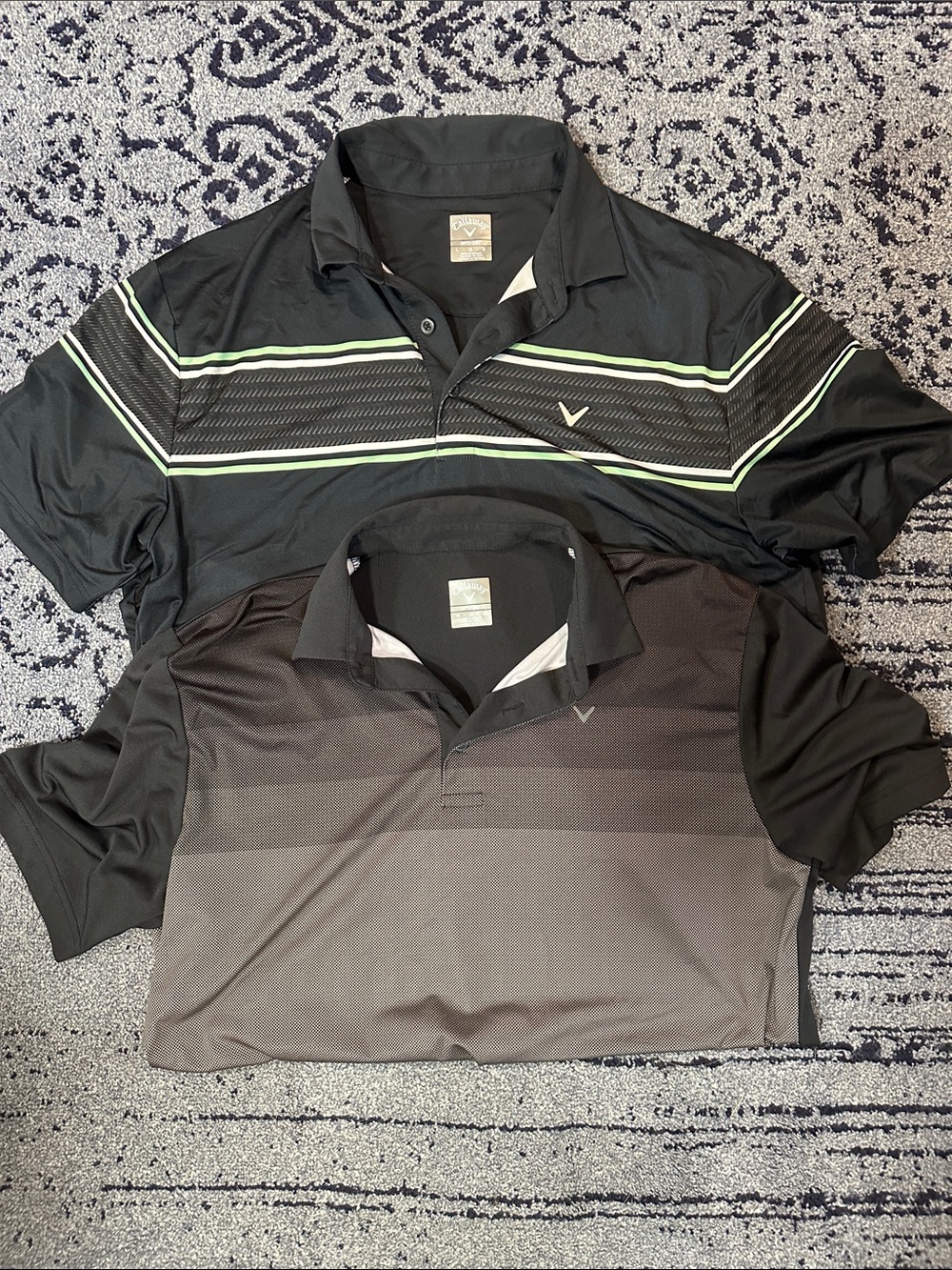 SET OF TWO! Callaway Men’s Black Polo with Lime Accent & Black Gradient Polo M/L